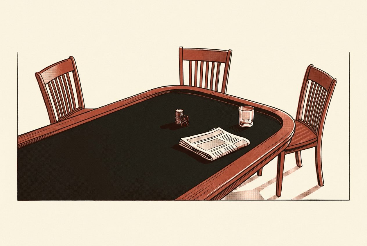 Editorial duotone illustration of an empty poker table at dusk with a short stack of chips, a folded newspaper, and an empty whiskey tumbler. Clay red and charcoal on cream paper.