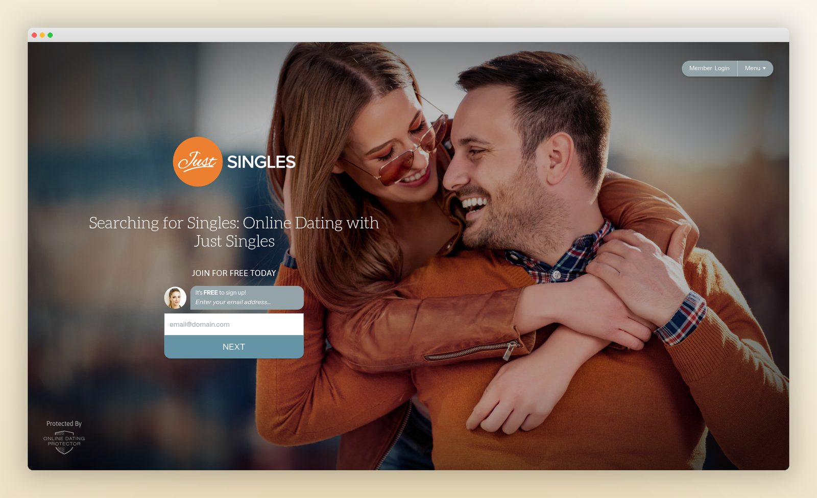 Just Singles homepage: Searching for Singles, a warm photo of a couple with a Join For Free email signup