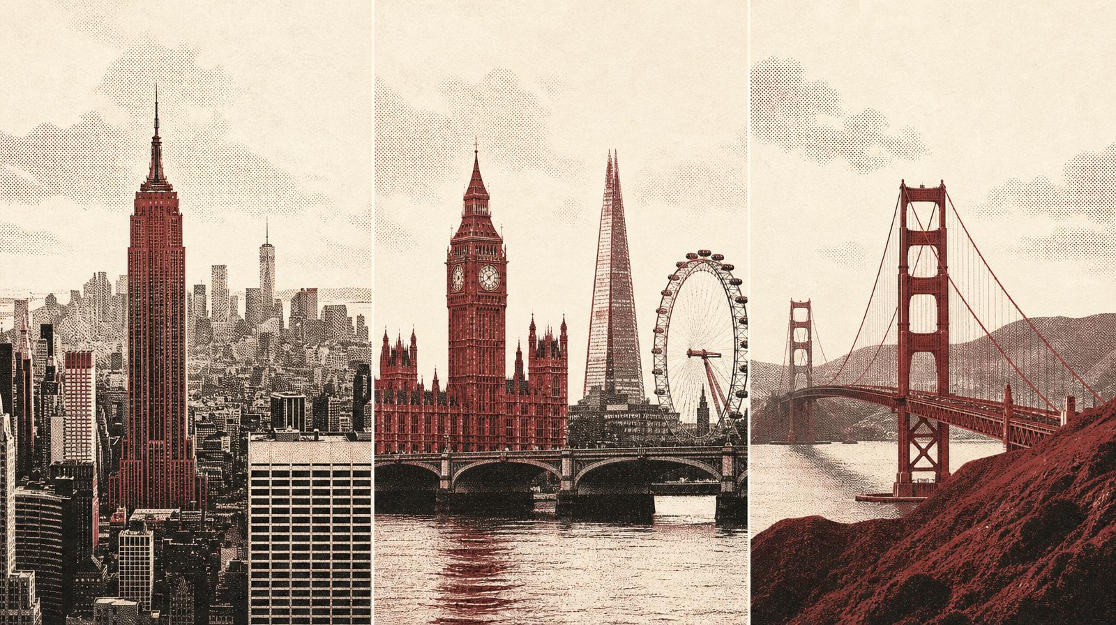 Duotone editorial illustration of New York, London and San Francisco skylines, host cities for High Intent events